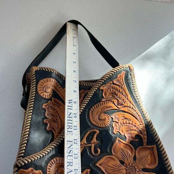 Vintage Handbag Handmade Black & Brown Leather Hand Tooled Floral - Picture 14 of 16